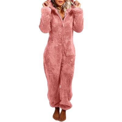 Womens Plush Hooded Jumpsuit Sherpa Fuzzy Pajamas Long Sleeve Cute Cat One Piece Onesie Winter Warm Rompers Sleepwear Pink