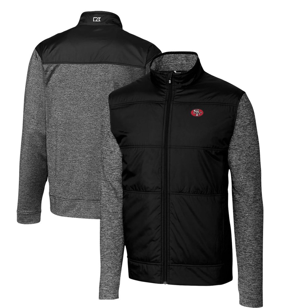 Cutter & Buck Men's Black San Francisco 49ers Throwback Logo Big & Tall Stealth Hybrid Quilted Full-Zip Windbreaker Jacket