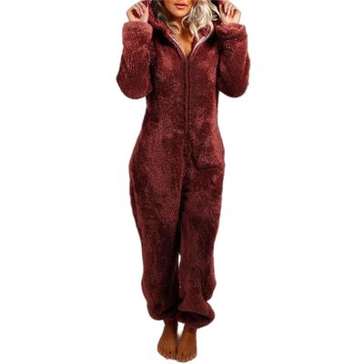 Womens Plush Hooded Jumpsuit Sherpa Fuzzy Pajamas Long Sleeve Cute Cat One Piece Onesie Winter Warm Rompers Sleepwear Wine Red