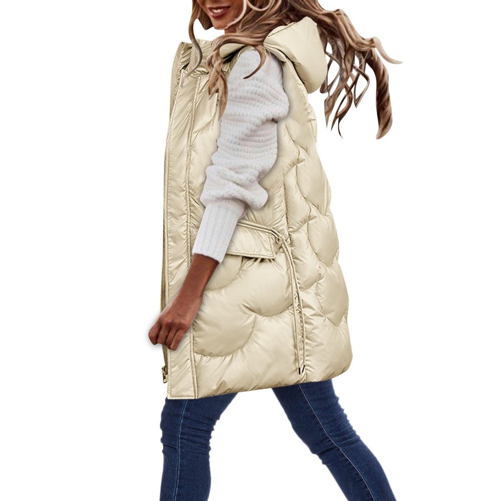 Women's Hooded Long Puffer Vest Winter Quilted Sleeveless Full-Zip Puffer Jacket Plus Size Warm Oversized Down Coats Gilet Champagne