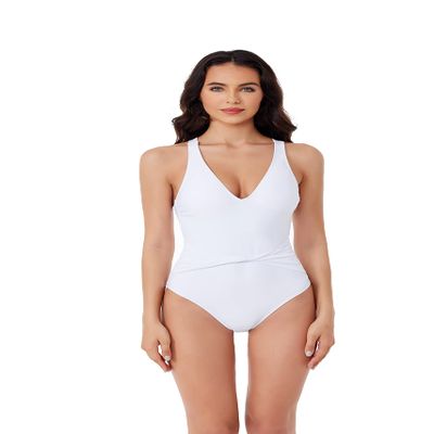 BCA by Rebecca Virtue Tori Twist - Women's One Piece Swimsuit with Plunge Neckline, Twist-Front Waist and Adjustable Back Strap, Bathing Suits for Women, White, Small
