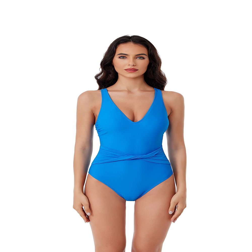 BCA by Rebecca Virtue Tori Twist - Women's One Piece Swimsuit with Plunge Neckline, Twist-Front Waist and Adjustable Back Strap, Bathing Suits for Women, Ocean, X-Small