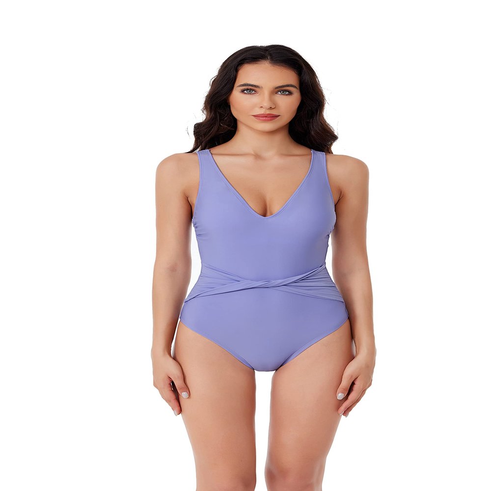 BCA by Rebecca Virtue Tori Twist - Women's One Piece Swimsuit with Plunge Neckline, Twist-Front Waist and Adjustable Back Strap, Bathing Suits for Women, Lilac, Small
