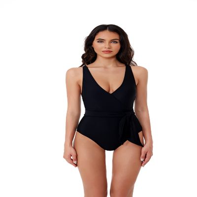 BCA by Rebecca Virtue Megan - Women's One Piece Swimsuit with V-Neck, Wraparound Waist Tie and Adjustable Back Strap, Bathing Suits for Women, Black, Small