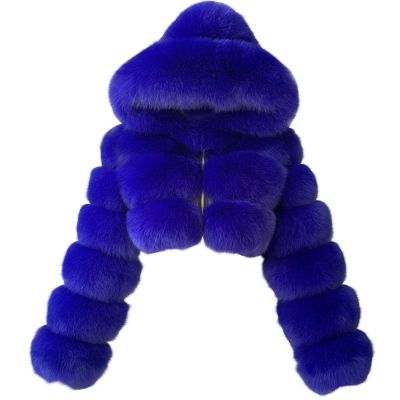 Womens Hooded Cropped Faux Fur Coat Zipper Plus Size Plush Fleece Bubble Coats Short Warm Fashion Winter Jackets Outwear Blue