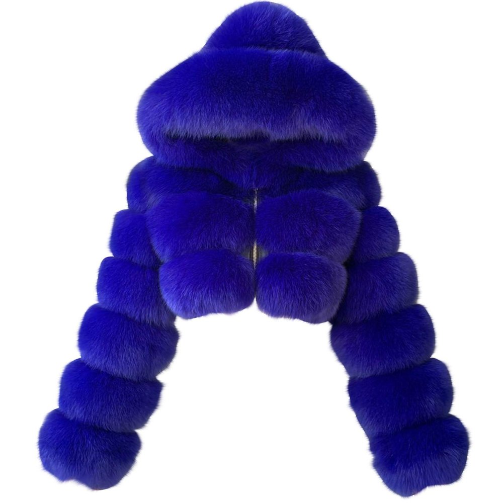 Womens Hooded Cropped Faux Fur Coat Zipper Plus Size Plush Fleece Bubble Coats Short Warm Fashion Winter Jackets Outwear Blue