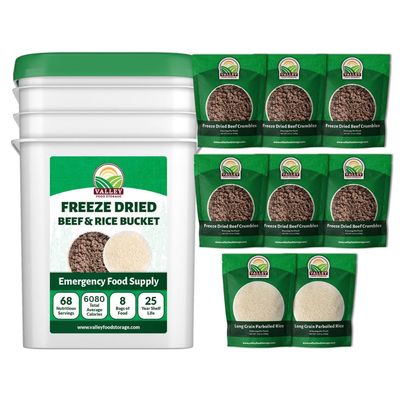 Valley Food Storage Freeze Dried Beef & Rice | 68 Serving Emergency Food Supply, 924g Protein | Non-GMO Survival Meals with 25 Year Shelf Life | Long Term Food Storage, Camping & Prepper Supplies