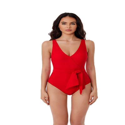 BCA by Rebecca Virtue Megan - Women's One Piece Swimsuit with V-Neck, Wraparound Waist Tie and Adjustable Back Strap, Bathing Suits for Women, Lipstick, X-Small