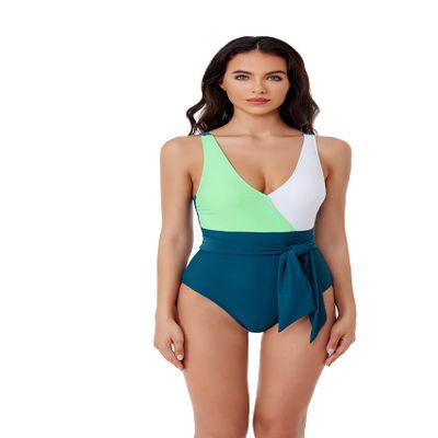 BCA by Rebecca Virtue Megan - Women's One Piece Swimsuit with V-Neck, Wraparound Waist Tie and Adjustable Back Strap, Bathing Suits for Women, Fern Multi Color, Medium