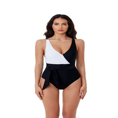 BCA by Rebecca Virtue Megan - Women's One Piece Swimsuit with V-Neck, Wraparound Waist Tie and Adjustable Back Strap, Bathing Suits for Women, Black & White, Large
