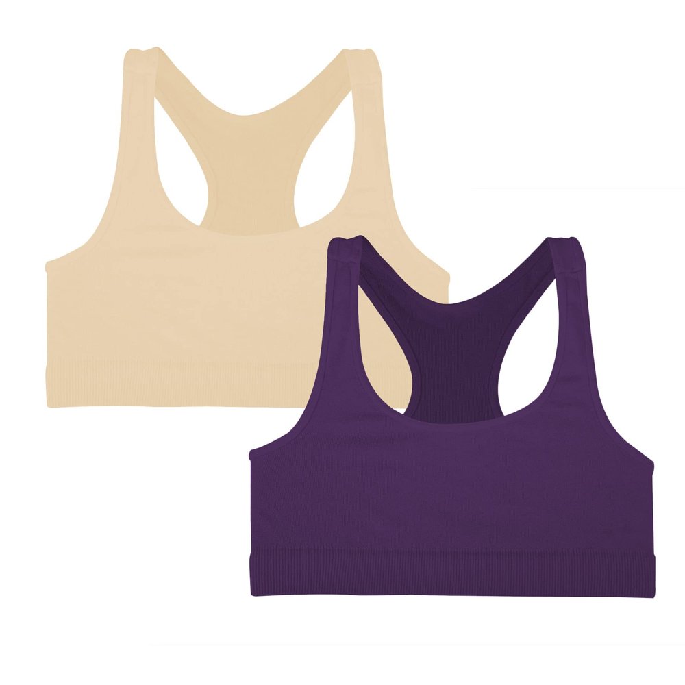 Kurve Girls Stretchy Crop Racerback Undershirt Training Sports Bra, UV Protective Fabric, UPF 50+, Made in USA, Nude/Eggplant Set, 9 to 14 Years