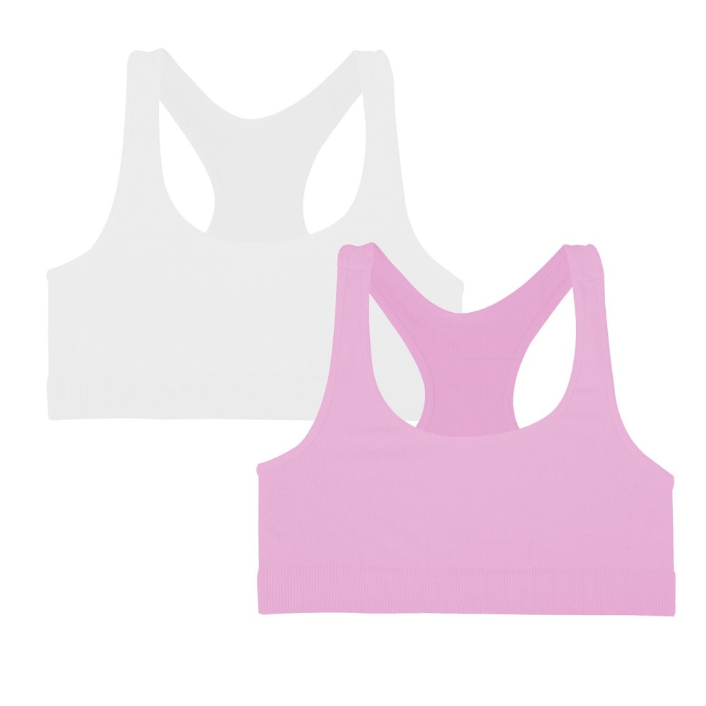 Kurve Girls Stretchy Crop Racerback Undershirt Training Sports Bra, UV Protective Fabric, UPF 50+, Made in USA, White/Pink Set, 9 to 14 Years