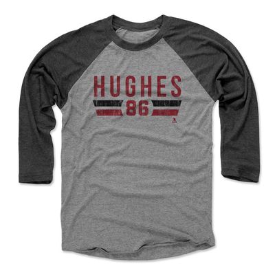 500 LEVEL Jack Hughes 3/4 Sleeve T-Shirt (Baseball Tee, Large, Black/Heather Gray) - Jack Hughes New Jersey Font