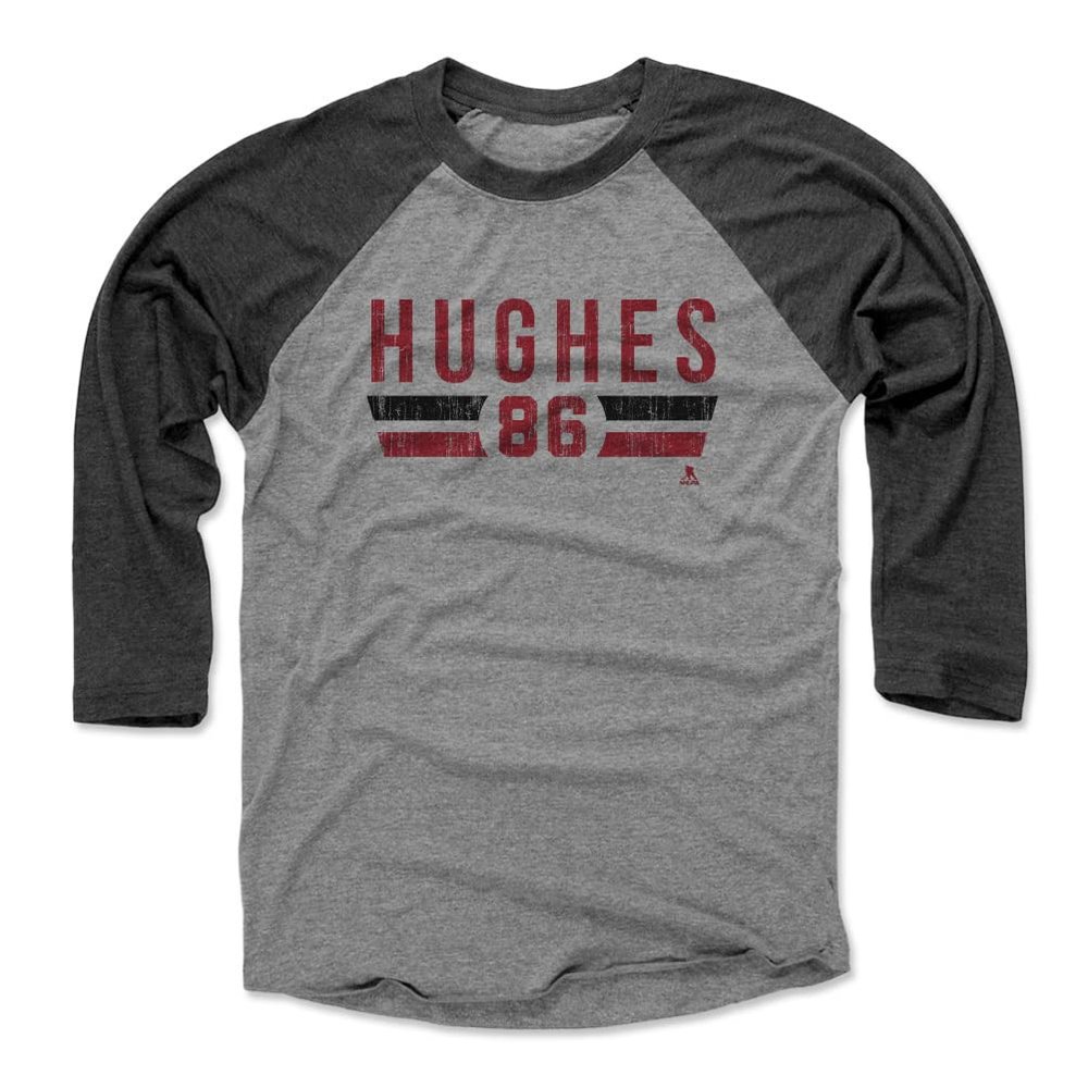 500 LEVEL Jack Hughes 3/4 Sleeve T-Shirt (Baseball Tee, Large, Black/Heather Gray) - Jack Hughes New Jersey Font