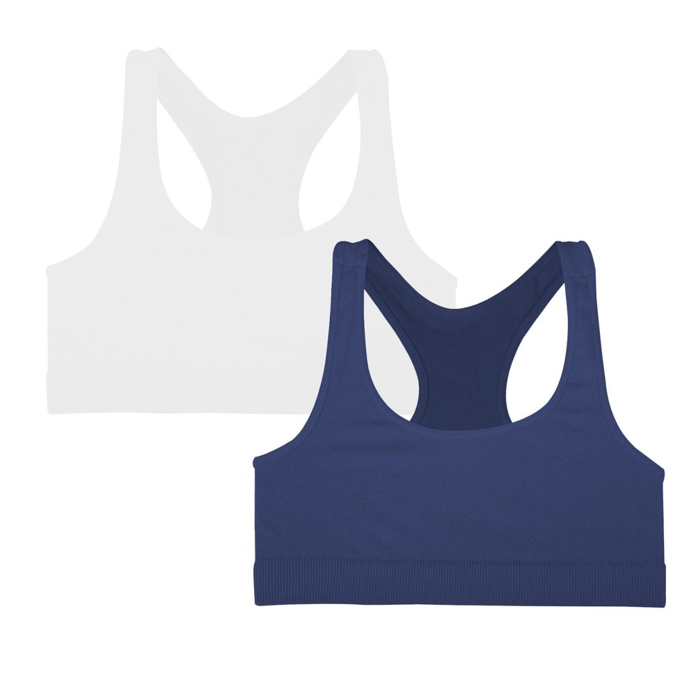 Kurve Girls Stretchy Crop Racerback Undershirt Training Sports Bra, UV Protective Fabric, UPF 50+, Made in USA, White/Navy Set, 9 to 14 Years