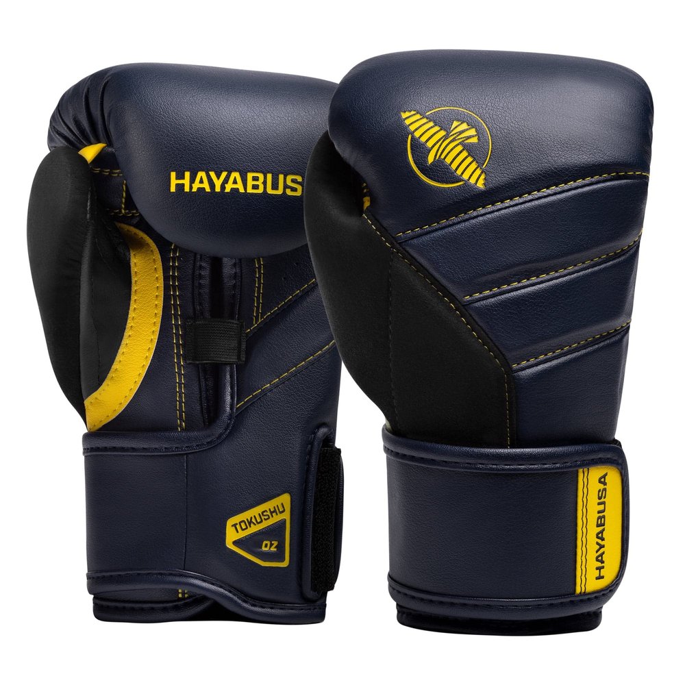 Hayabusa T3 Boxing Gloves for Kids and Teens Wrist and Knuckle Protection, Dual-X Hook and Loop Closure, Splinted Wrist Support, 5 Layer Foam Knuckle Padding - Navy/Yellow, 8oz