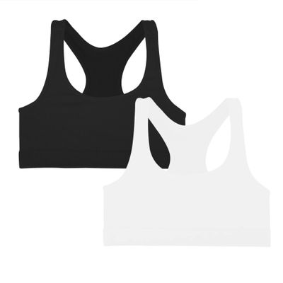 Kurve Girls Stretchy Crop Racerback Undershirt Training Sports Bra, UV Protective Fabric, UPF 50+, Made in USA, Black/White Set, 4 to 8 Years