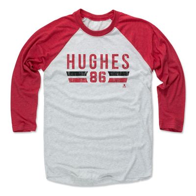 500 LEVEL Jack Hughes 3/4 Sleeve T-Shirt (Baseball Tee, X-Small, Red/Ash) - Jack Hughes New Jersey Font