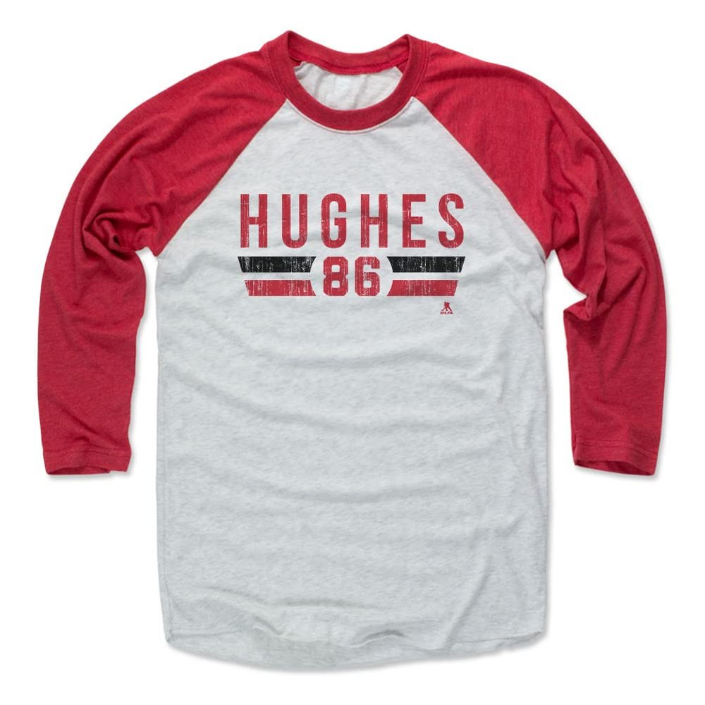 500 LEVEL Jack Hughes 3/4 Sleeve T-Shirt (Baseball Tee, X-Small, Red/Ash) - Jack Hughes New Jersey Font