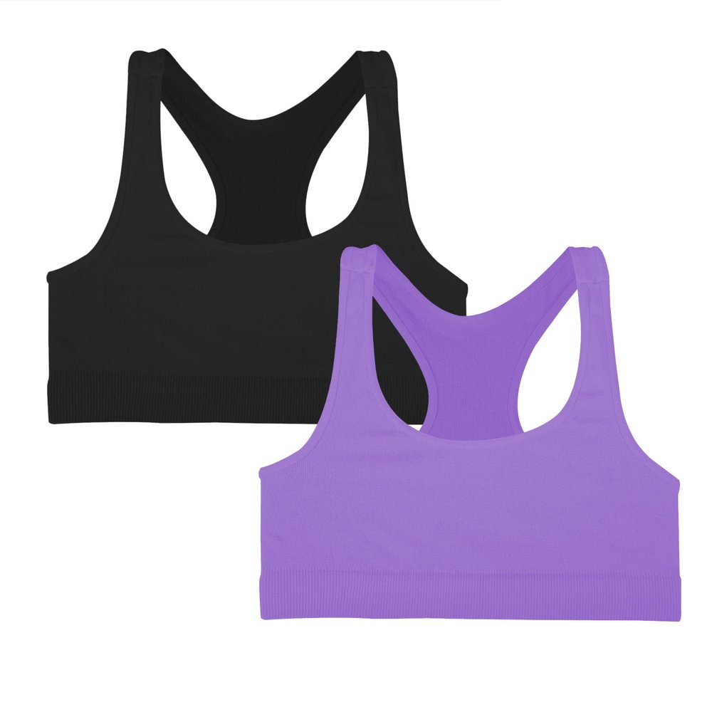 Kurve Girls Stretchy Crop Racerback Undershirt Training Sports Bra, UV Protective Fabric, UPF 50+, Made in USA, Black/Lavender Set, 4 to 8 Years
