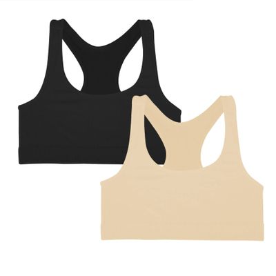 Kurve Girls Stretchy Crop Racerback Undershirt Training Sports Bra, UV Protective Fabric, UPF 50+, Made in USA, Black/Nude Set, 9 to 14 Years