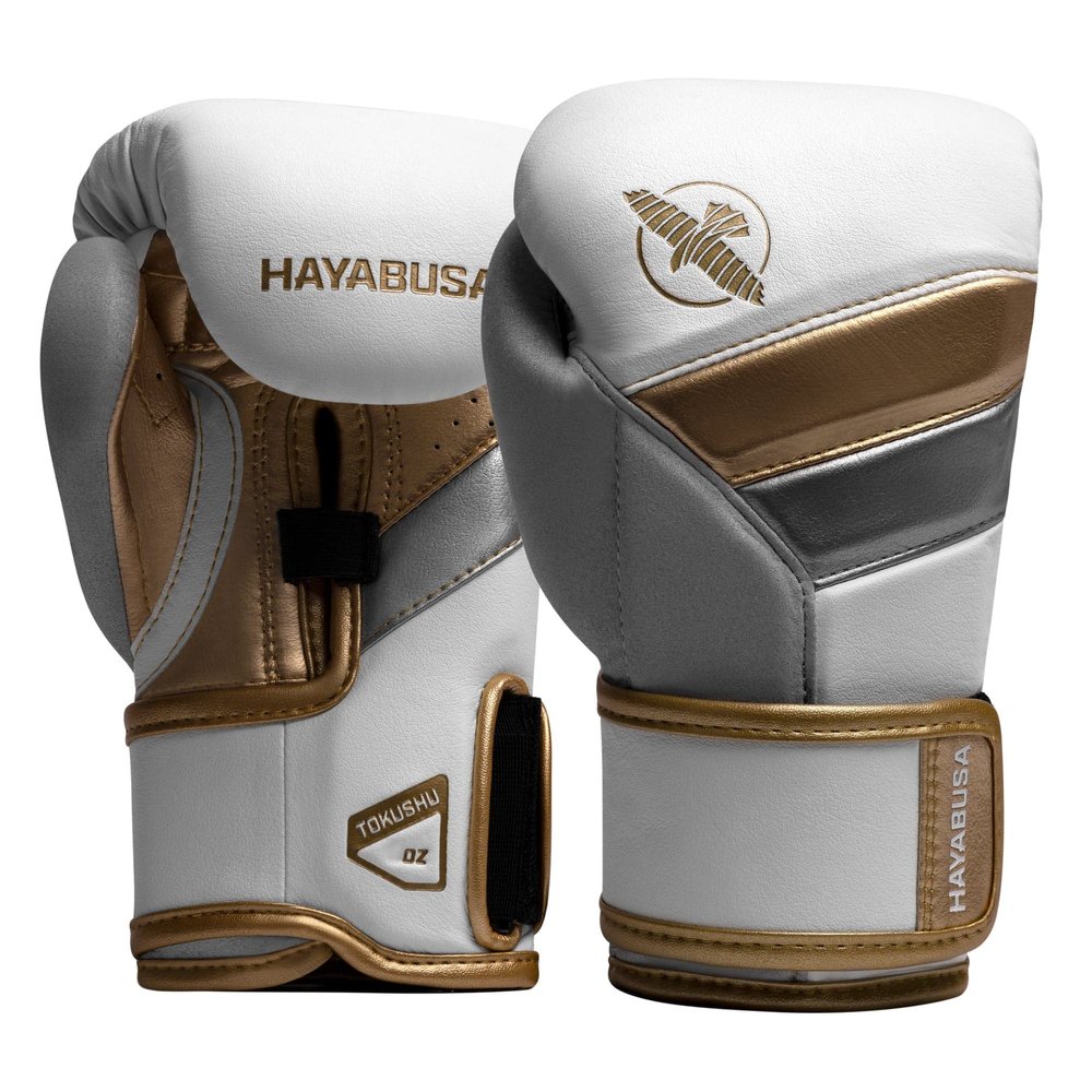 Hayabusa T3 Boxing Gloves for Kids and Teens Wrist and Knuckle Protection, Dual-X Hook and Loop Closure, Splinted Wrist Support, 5 Layer Foam Knuckle Padding - White/Gold, 8oz