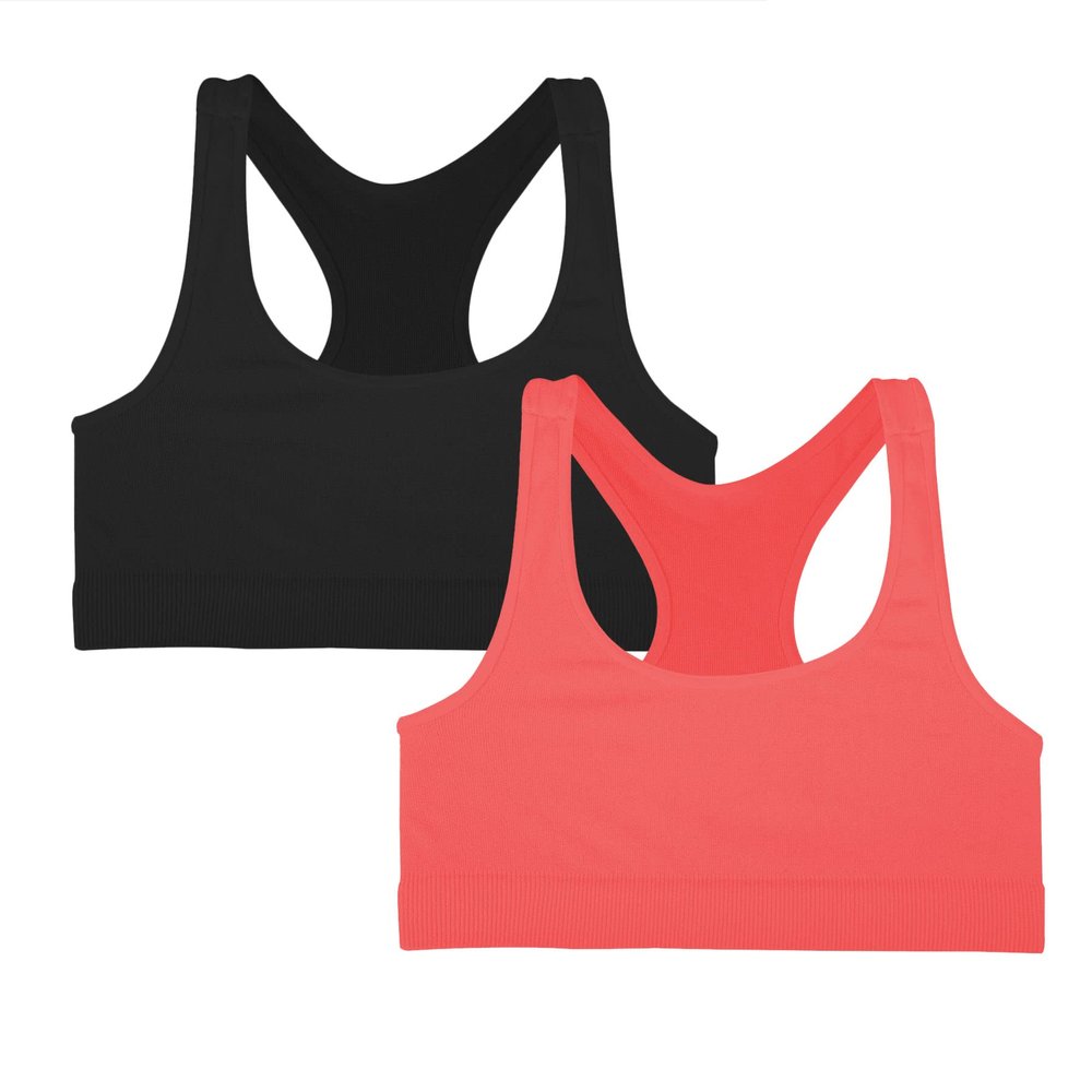 Kurve Girls Stretchy Crop Racerback Undershirt Training Sports Bra, UV Protective Fabric, UPF 50+, Made in USA, Black/Neon Coral Set, 9 to 14 Years
