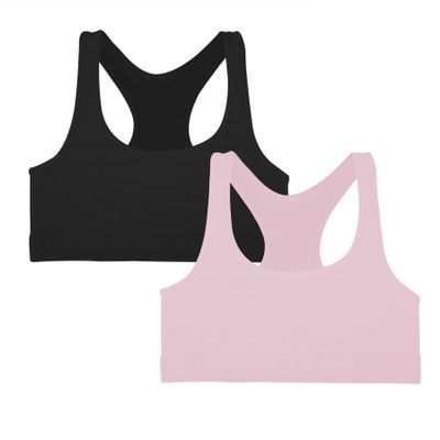 Kurve Girls Stretchy Crop Racerback Undershirt Training Sports Bra, UV Protective Fabric, UPF 50+, Made in USA, Black/Baby Pink Set, 9 to 14 Years