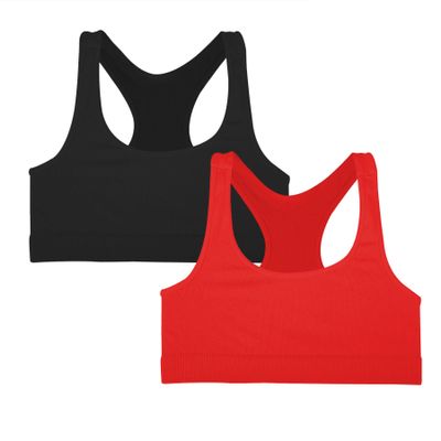 Kurve Girls Stretchy Crop Racerback Undershirt Training Sports Bra, UV Protective Fabric, UPF 50+, Made in USA, Black/Red Set, 9 to 14 Years