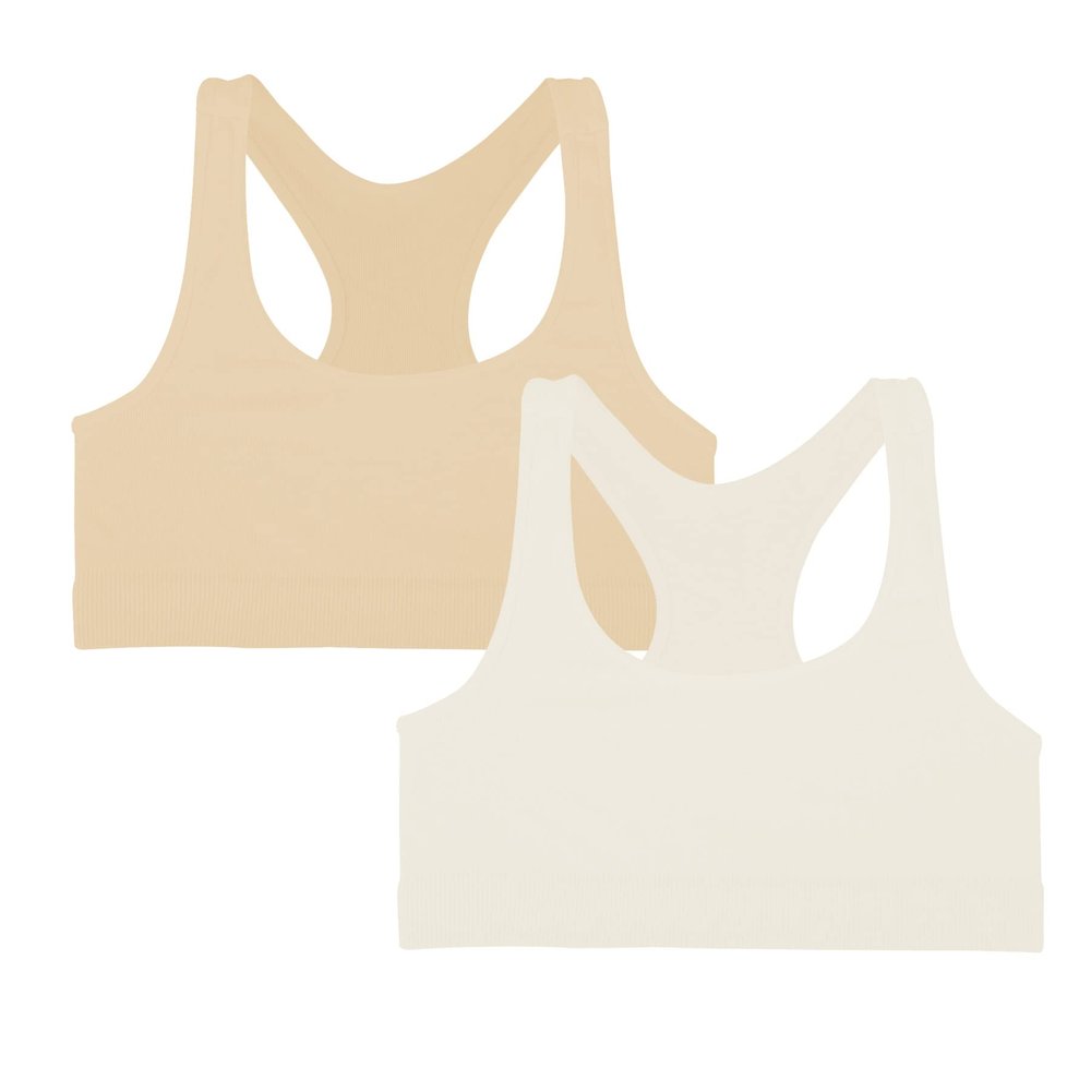 Kurve Girls Stretchy Crop Racerback Undershirt Training Sports Bra, UV Protective Fabric, UPF 50+, Made in USA, Nude/Ivory Set, 9 to 14 Years
