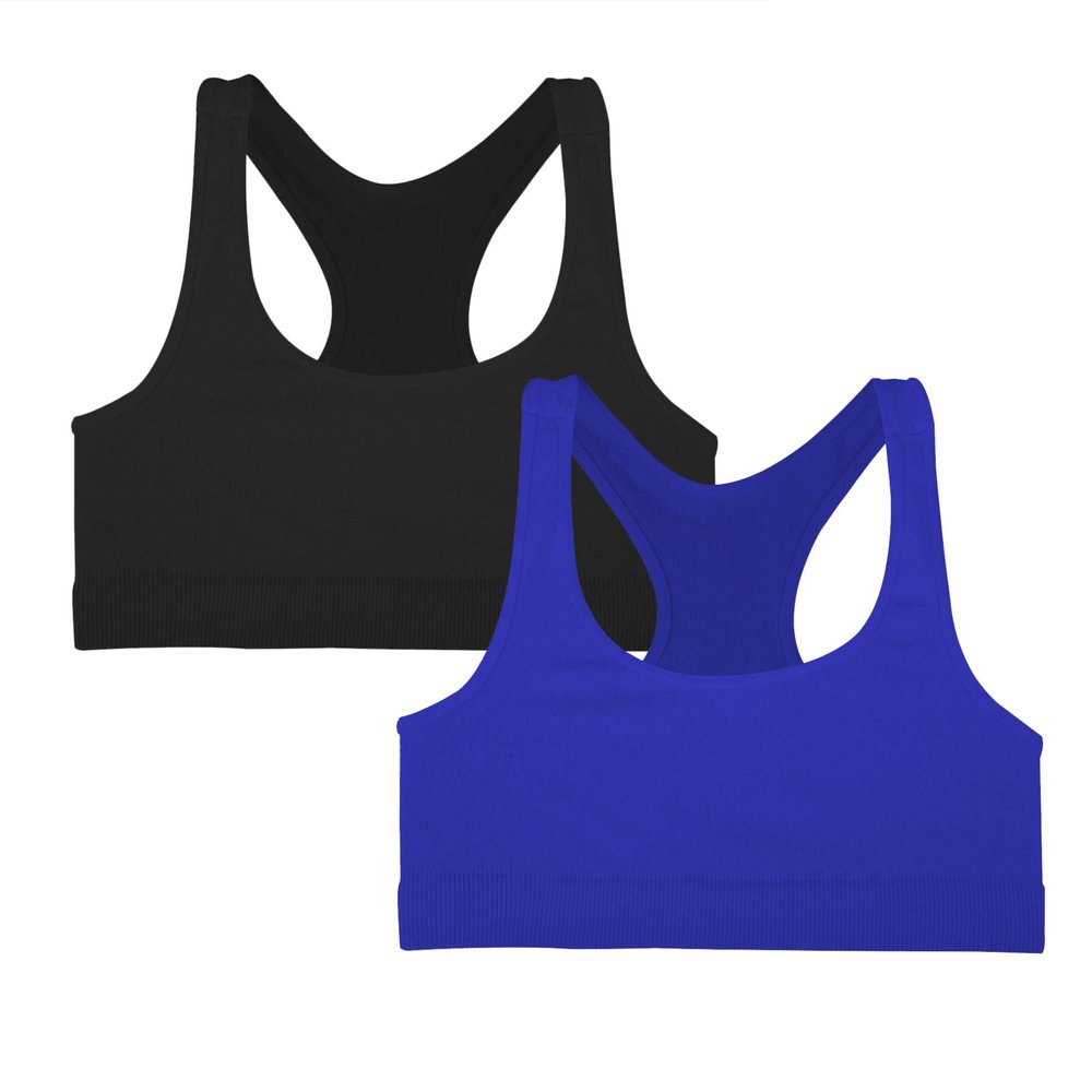Kurve Girls Stretchy Crop Racerback Undershirt Training Sports Bra, UV Protective Fabric, UPF 50+, Made in USA, Black/Cobalt Set, 9 to 14 Years