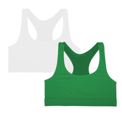 Kurve Girls Stretchy Crop Racerback Undershirt Training Sports Bra, UV Protective Fabric, UPF 50+, Made in USA, White/Green-B Set, 4 to 8 Years