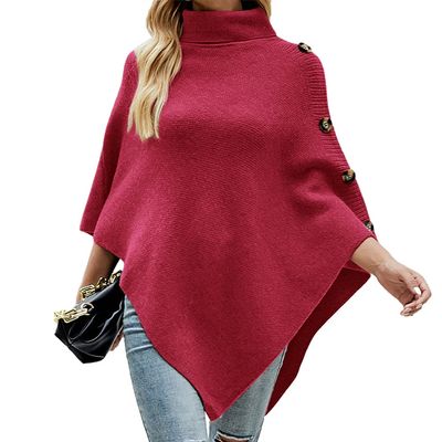 Women's Poncho Sweater Knit Turtleneck Sweater Cape for Womens Ponchos Su?ter Poncho para Mujer Fall Winter Oversized Chunky Turtleneck Irregular Sweaters Pullover Jumper Tops Rose Red One Size