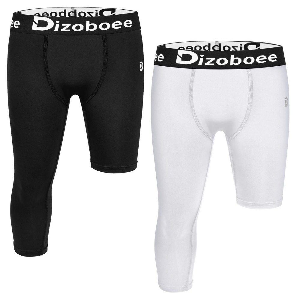 Dizoboee Youth Boys Compression Pants One Leg Short Leggings for Sports Kids Basketball Tights 2 Pack, White+Black (Left Short) XS