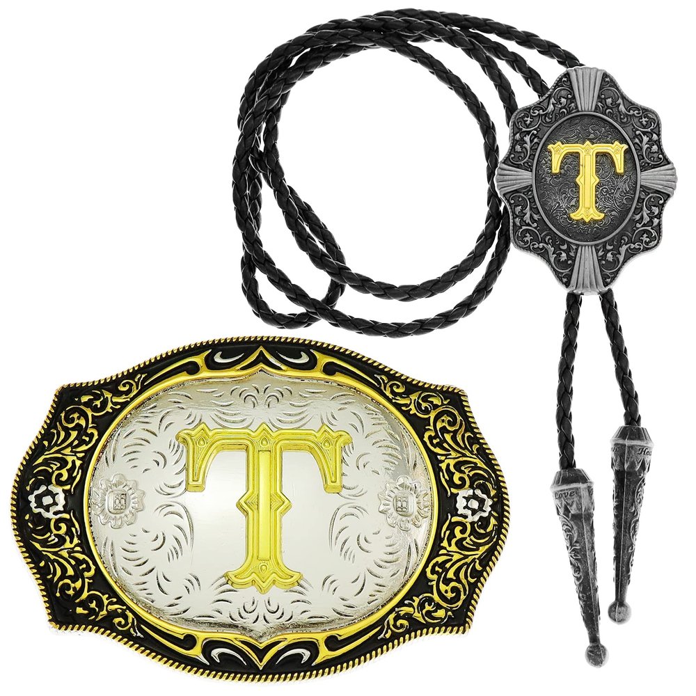 2 Pieces Belt Buckle Bolo Tie Small Set Golden Initial Letter A to Z Western Cowboy Costume Accessory for Men Women T