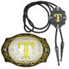 2 Pieces Belt Buckle Bolo Tie Small Set Golden Initial Letter A to Z Western Cowboy Costume Accessory for Men Women T view 1