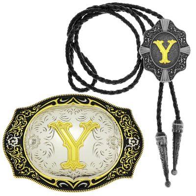 2 Pieces Belt Buckle Bolo Tie Small Set Golden Initial Letter A to Z Western Cowboy Costume Accessory for Men Women Y