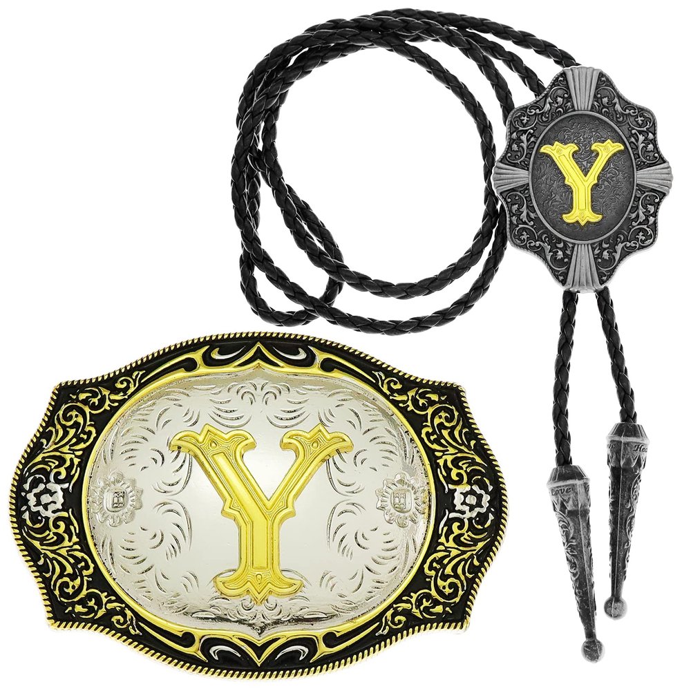 2 Pieces Belt Buckle Bolo Tie Small Set Golden Initial Letter A to Z Western Cowboy Costume Accessory for Men Women Y