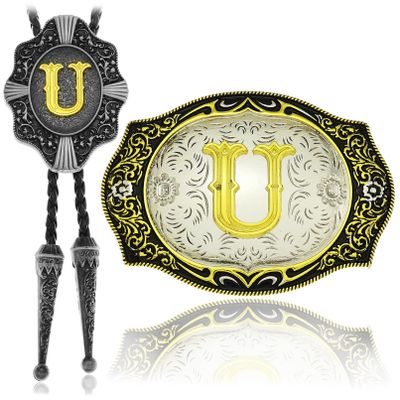 2 Pieces Belt Buckle Bolo Tie Small Set Golden Initial Letter A to Z Western Cowboy Costume Accessory for Men Women U