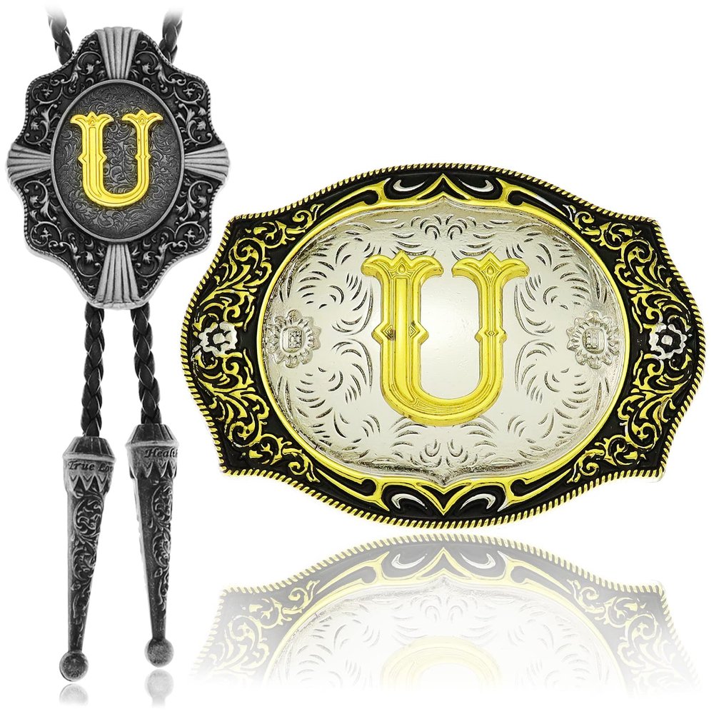 2 Pieces Belt Buckle Bolo Tie Small Set Golden Initial Letter A to Z Western Cowboy Costume Accessory for Men Women U