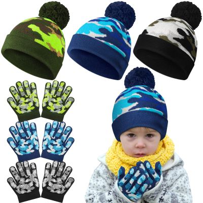 3 Sets Kids Boys Camouflage Beanies Gloves Set Kids Warm Beanie Hat Winter Full Fingers Gloves for Toddler(Black, Blue, Green, 8-14 Years)