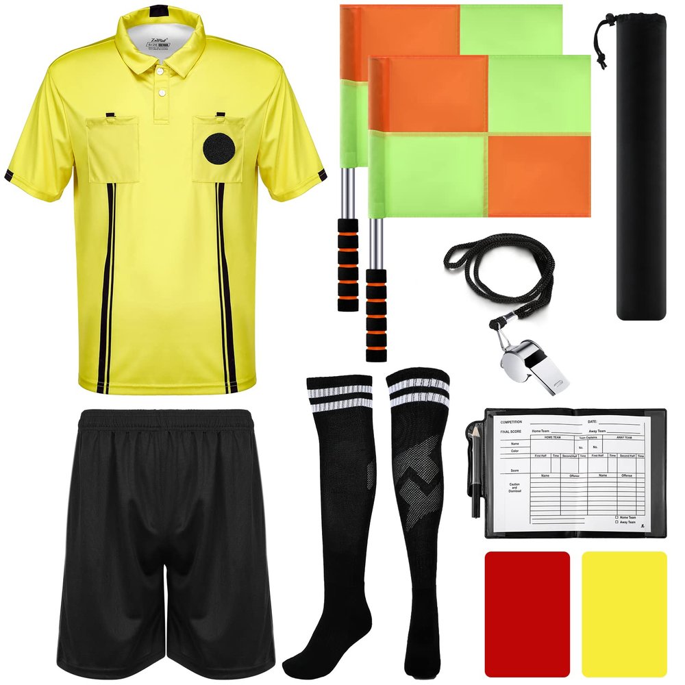 Hicarer 6 Pcs Soccer Referee Kit Football Package for Men Soccer Referee Costume Shirt Linesman Flags Whistle Cards Sport Accessory for Adult Teenager(Small)