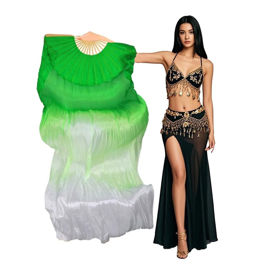 Aumulen Women 1 Piece Hand-made Real Silk Long Belly Dance Fan Veils(Right Hand Only) (Green white)