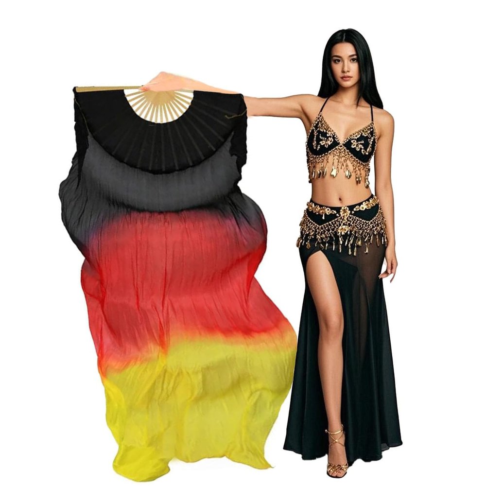 Aumulen Women 1 Piece Hand-made Real Silk Long Belly Dance Fan Veils(Right Hand Only) (Black red yellow)