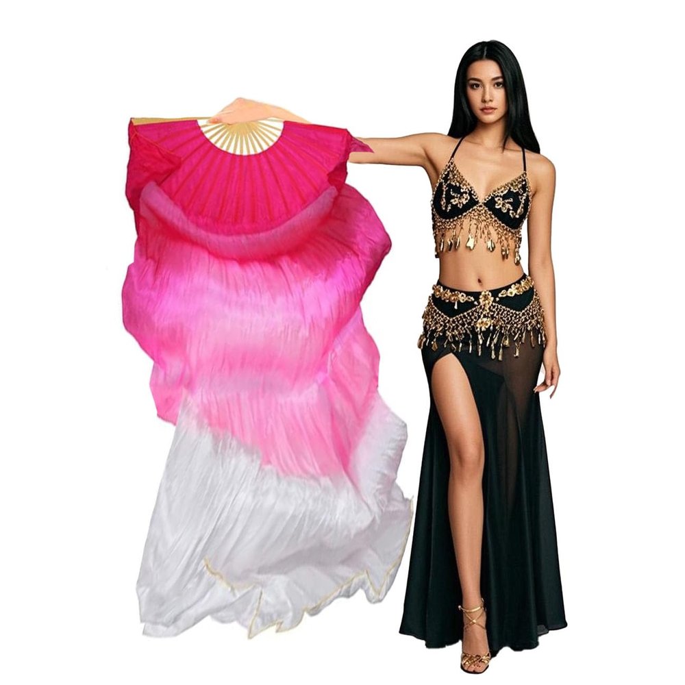 Aumulen Women 1 Piece Hand-made Real Silk Long Belly Dance Fan Veils(Right Hand Only) (Rose white)