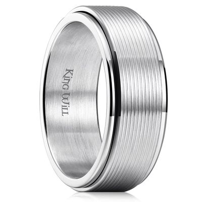 King Will Mens Silver 8mm Groove Spinner Rings Stainless Steel Anxiety Fidget Ring for Women Men Polish Thin Line Groove Wedding Band Fidget Ring Matte Brushed Comfort Fit 8.5