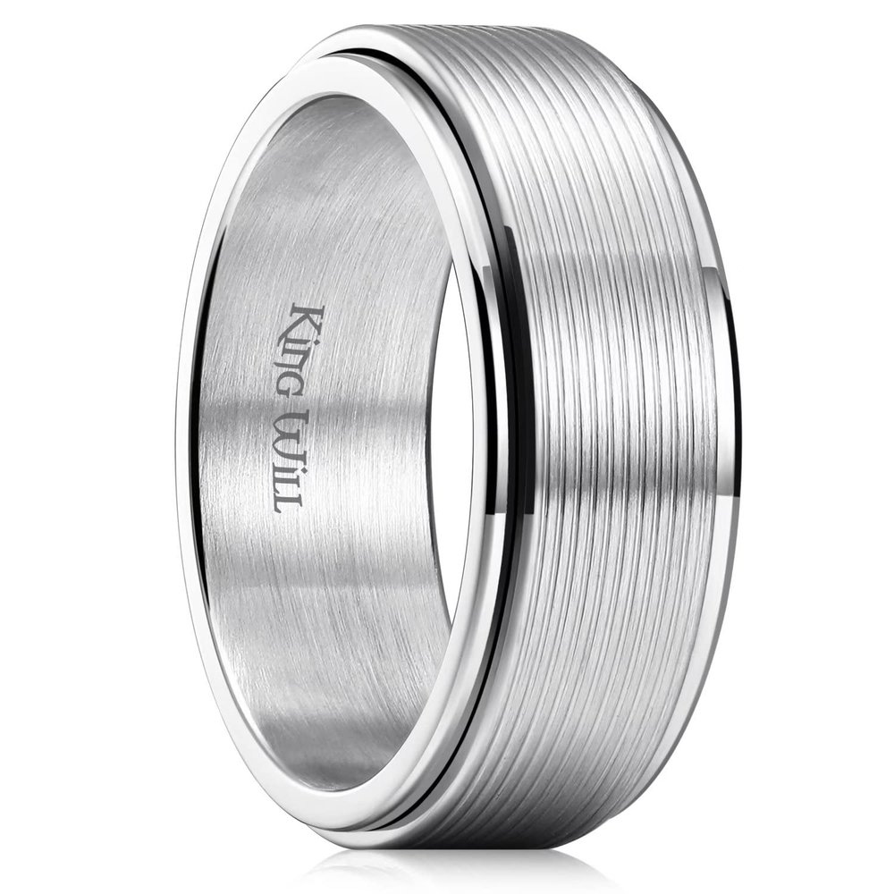 King Will Mens Silver 8mm Groove Spinner Rings Stainless Steel Anxiety Fidget Ring for Women Men Polish Thin Line Groove Wedding Band Fidget Ring Matte Brushed Comfort Fit 8.5