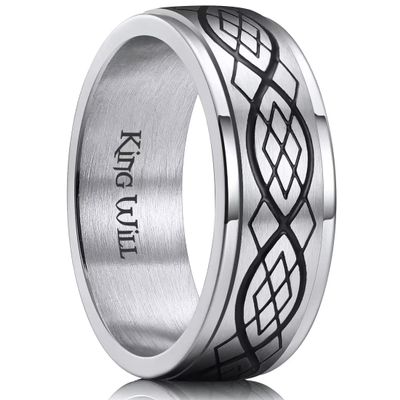 King Will Mens Black Silver Stainless Steel Celtic Knot Spinner Rings Celtic Domed Anxiety Fidget Ring for Men High Polished Comfort Fit Wedding Band 10.5