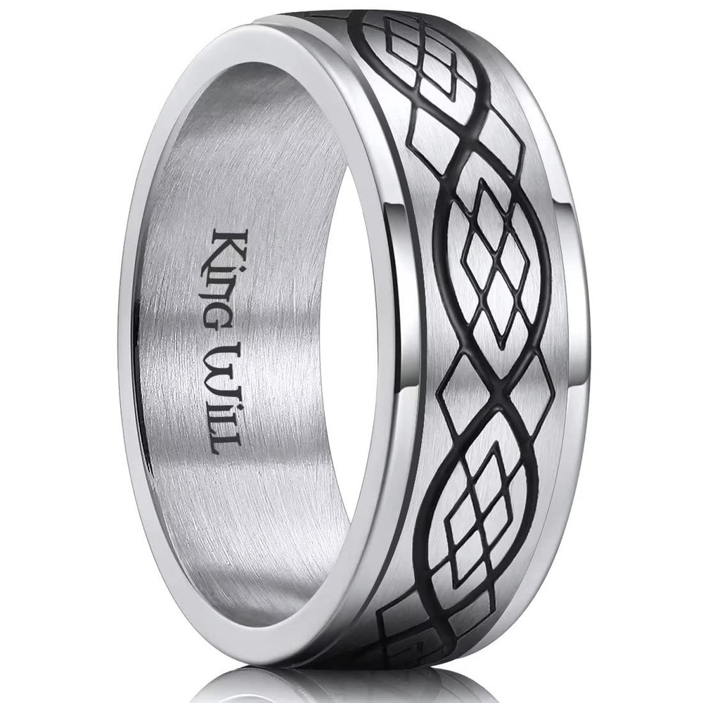 King Will Mens Black Silver Stainless Steel Celtic Knot Spinner Rings Celtic Domed Anxiety Fidget Ring for Men High Polished Comfort Fit Wedding Band 14