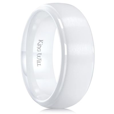 King Will White Ceramic Wedding Rings for Men Women -8mm Width with Brushed Step Edge Design Engagement Wedding Band Comfort Fit 8